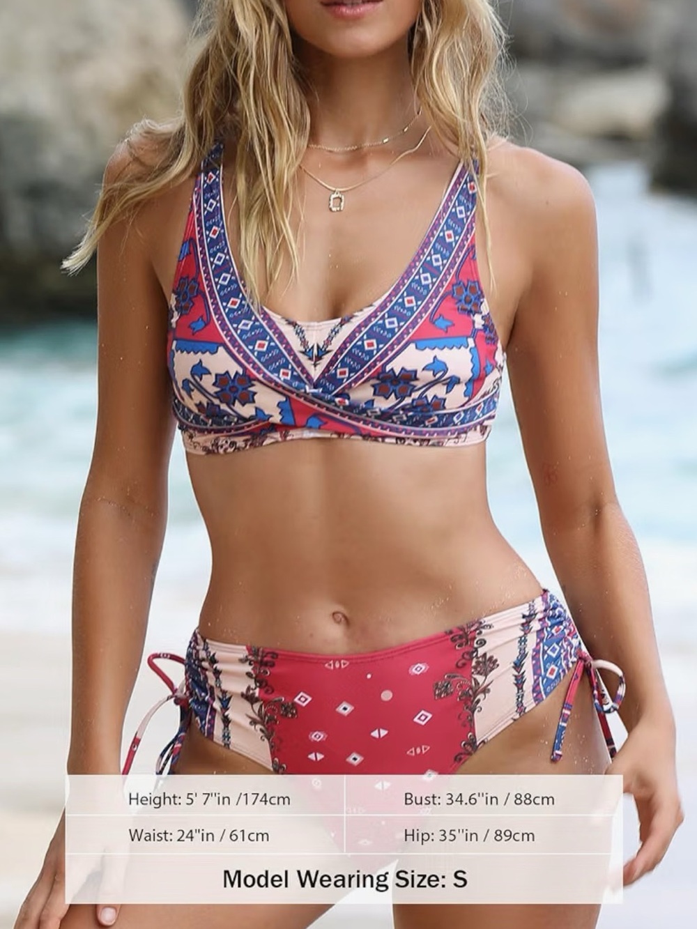 Women's Bohemian Pink & Blue Printed Bikini Top Size Small
